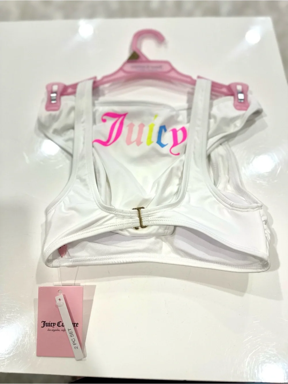 Juicy Couture White Bikini Top with Neon Multicolor 'Juicy' Script